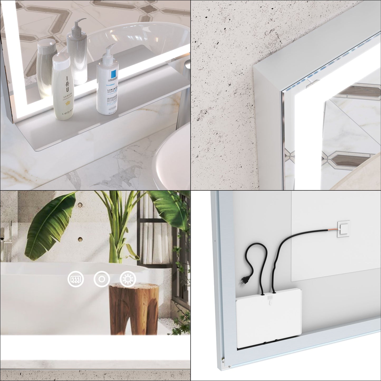 LED Bathroom Vanity Mirror Wall Mounted, Adjustable White / Warm / Natural Lights Anti-Fog Touch Switch With Memory Modern Smart Large Bathroom Mirrors - Silver