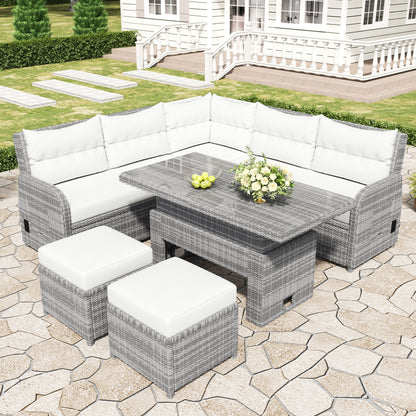 Outdoor Furniture Set Patio Rattan Furniture Set With An Adjustable Table, Recliners With Extendable Side Tables, And 2 Ottomans For Patio, Lawn, Backyard, Pool - Beige