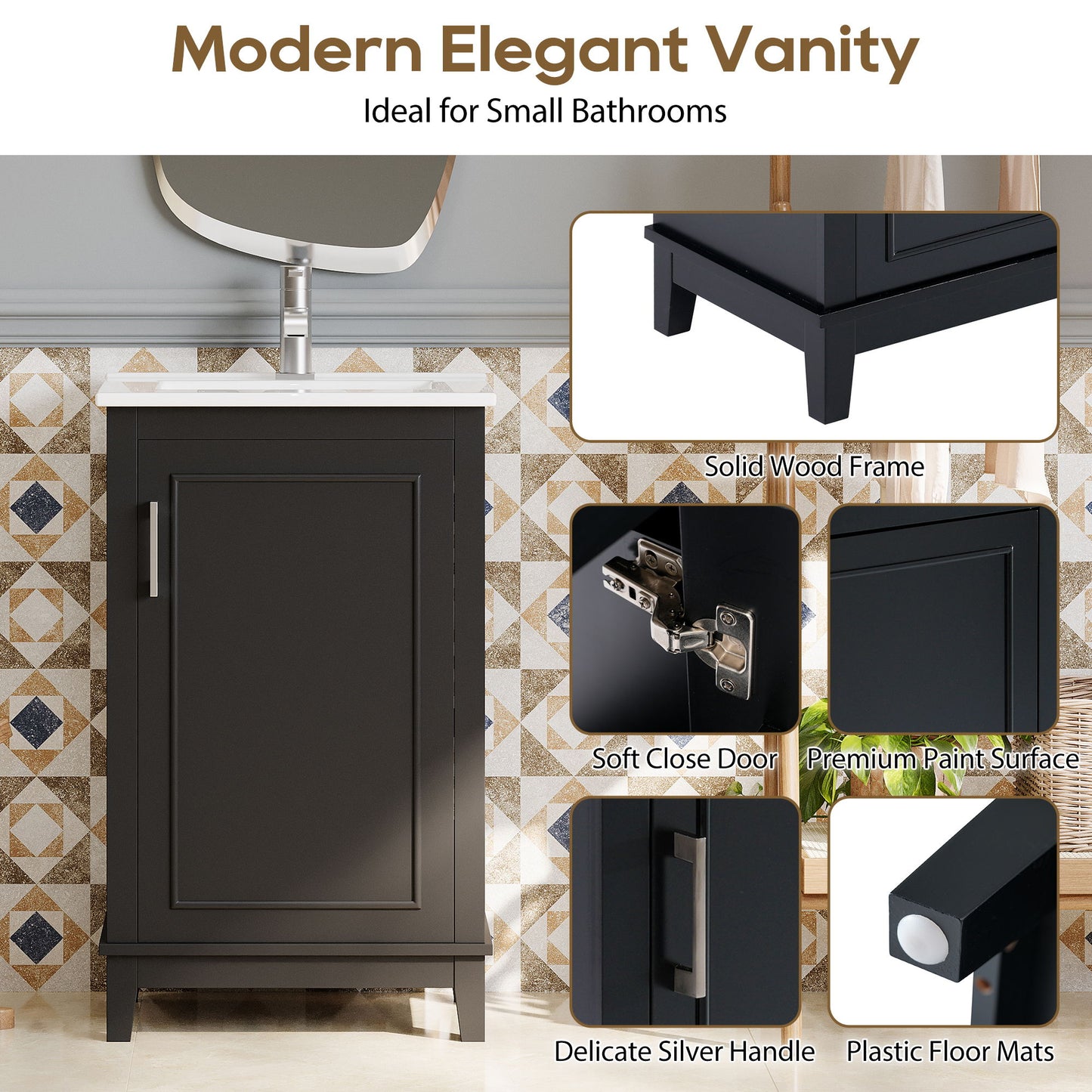 Modern Small Bathroom Vanity Cabinet With Ceramic Basin, Ample Storage, 1 Soft Close Door - Black