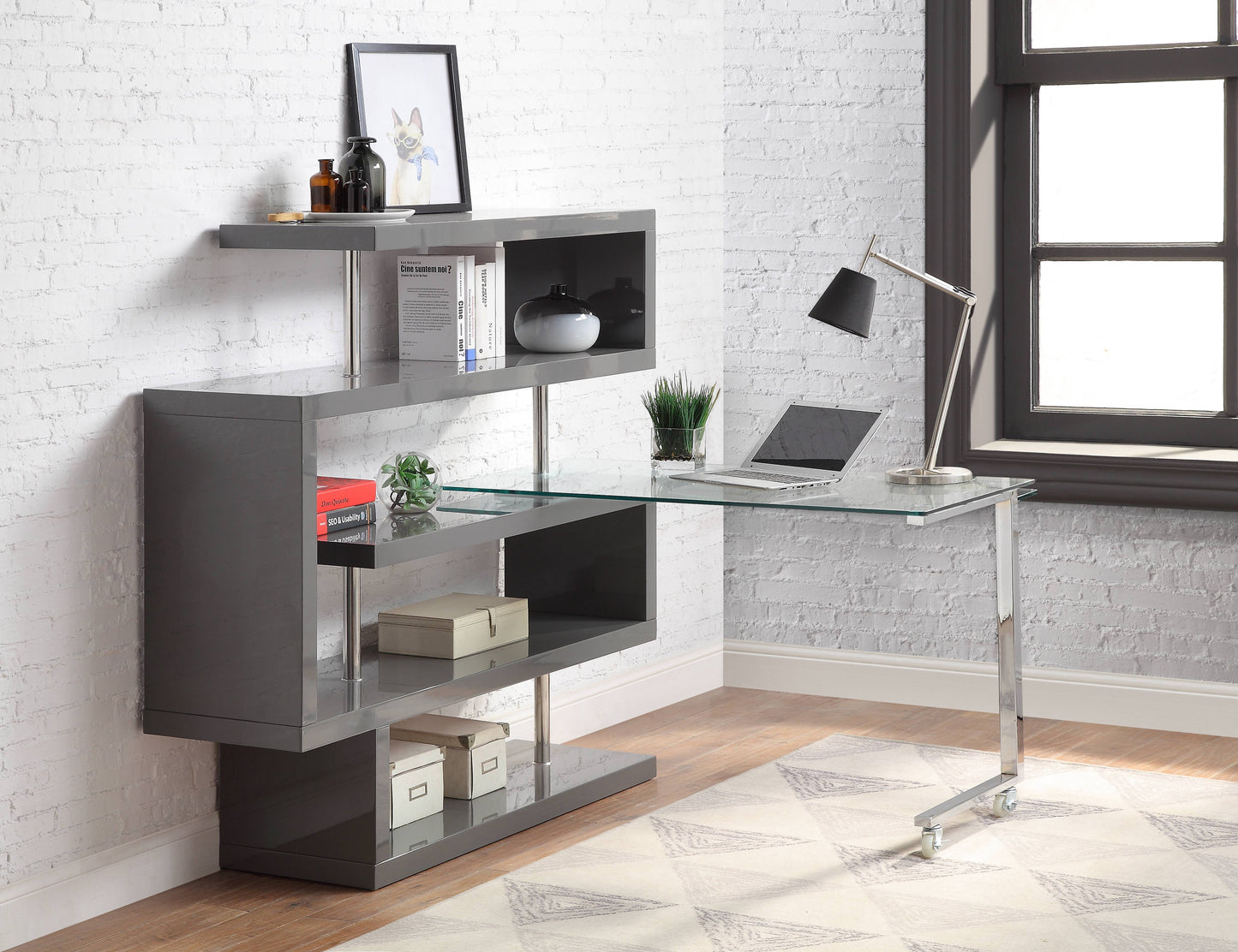 Buck II - Clear Glass, Chrome High Gloss Writing Desk With Shelf - Gray