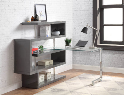 Buck II - Clear Glass, Chrome High Gloss Writing Desk With Shelf - Gray