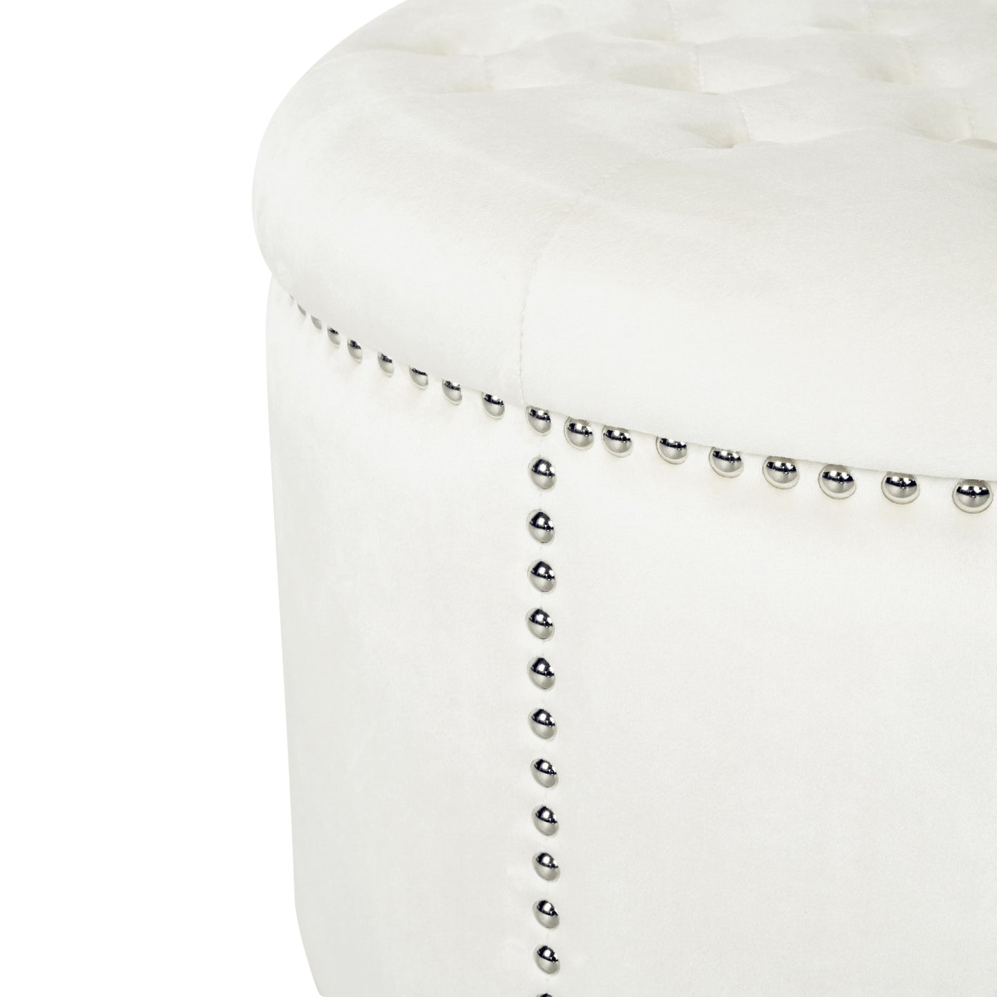Elegant Round Ottoman With Studded Rim - Beige