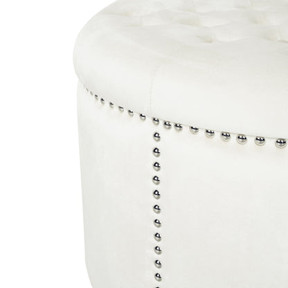 Elegant Round Ottoman With Studded Rim - Beige