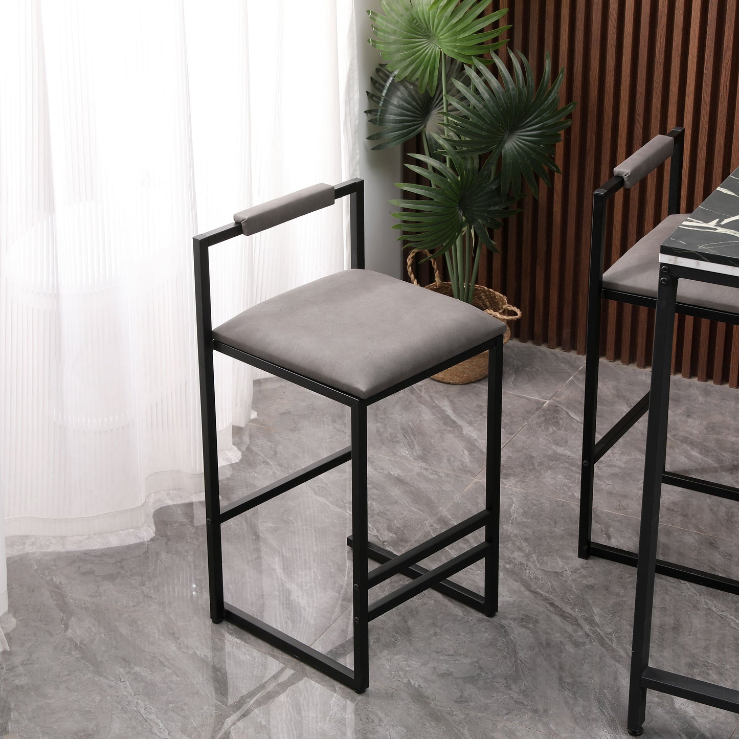 Modern Armless Metal Legs Kitchen Island Stools With Back Upholstered Chairs 2 Piece Set - Gray