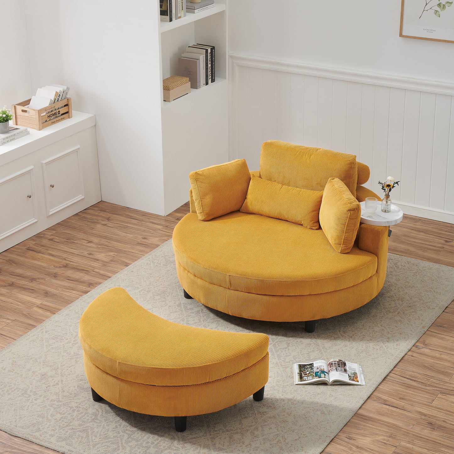 Corduroy Sofa With Two Throw Pillows And A Waist Pillow With An Extra Tray For Comfortable Seating Suitable For Small Apartment Bedroom Space - Yellow