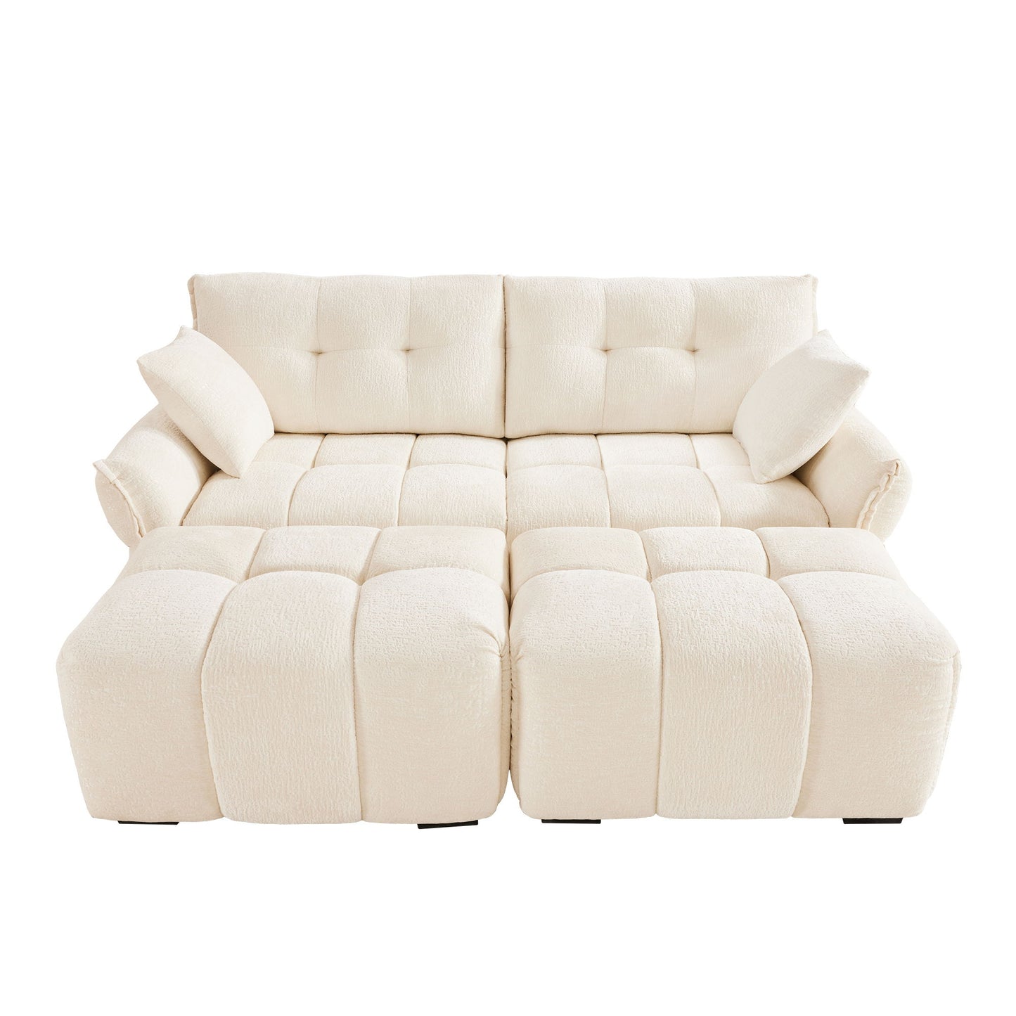 Cozy Plush 2 Seater Sofa Set With Ottomans And Throw Pillows - White