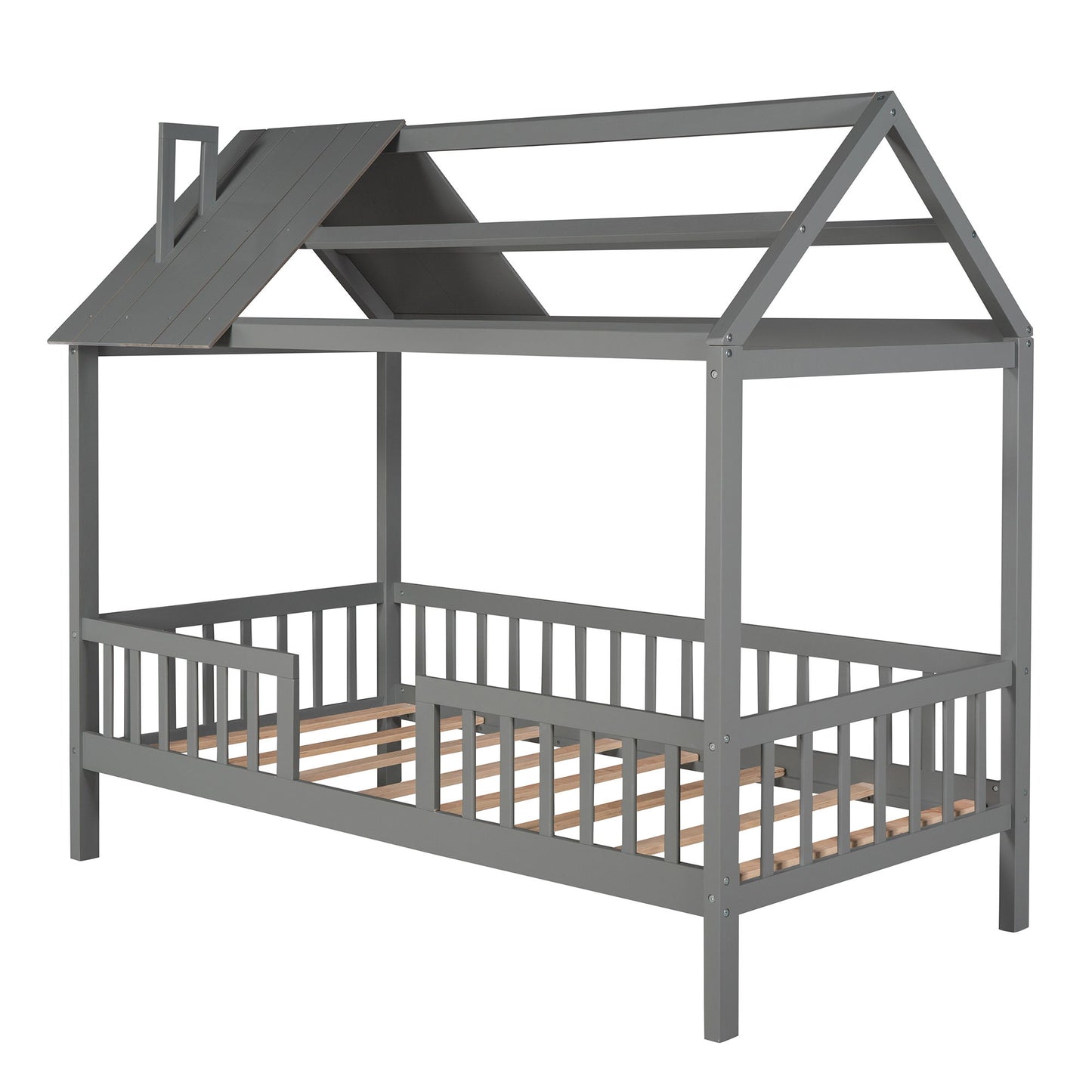 Twin Size House Bed With Fence - Gray