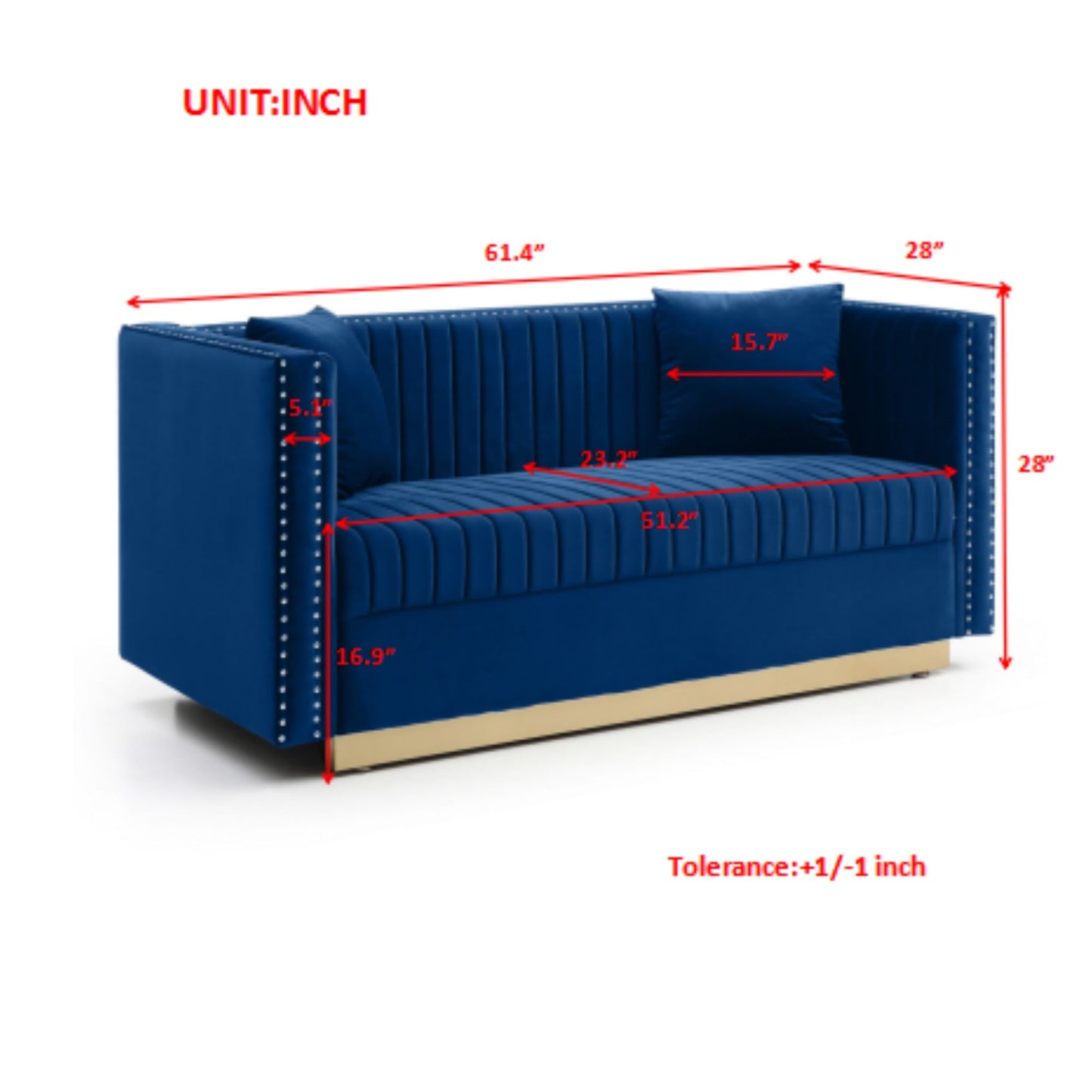 Contemporary Vertical Channel Tufted Sofa Loveseat Modern Upholstered Couch For Living Room With 2 Pillows - Blue