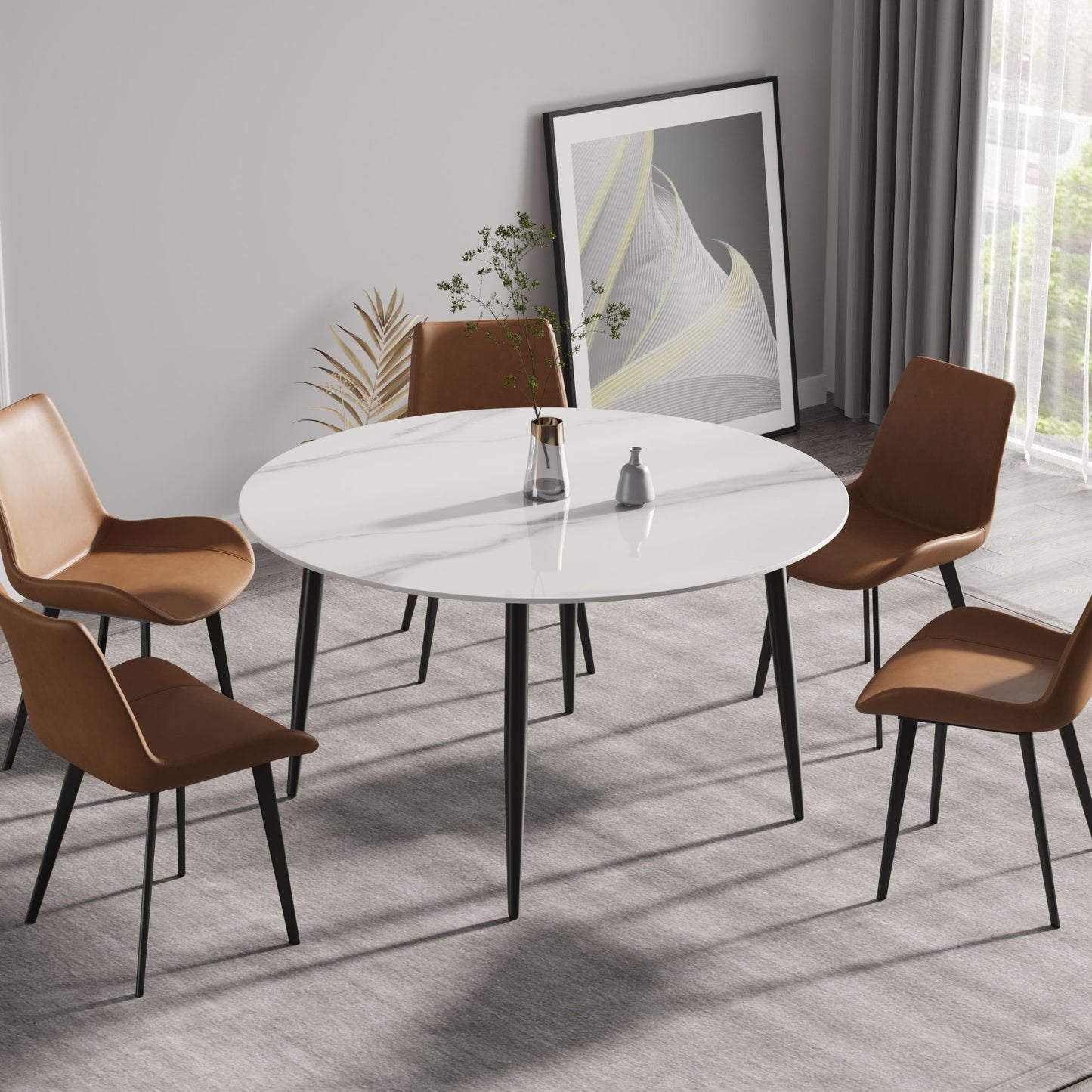 53.15" Modern Man-Made Stone Round Metal Dining Table-Position For 6 People - White / Black
