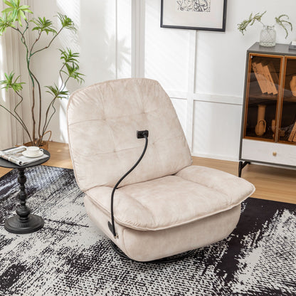 Modern Swivel Gliding Recliner Chair With Rocking Function And Phone Holder - Large Comfortable Reading Chair In Gold Stamped Velvet - Ivory