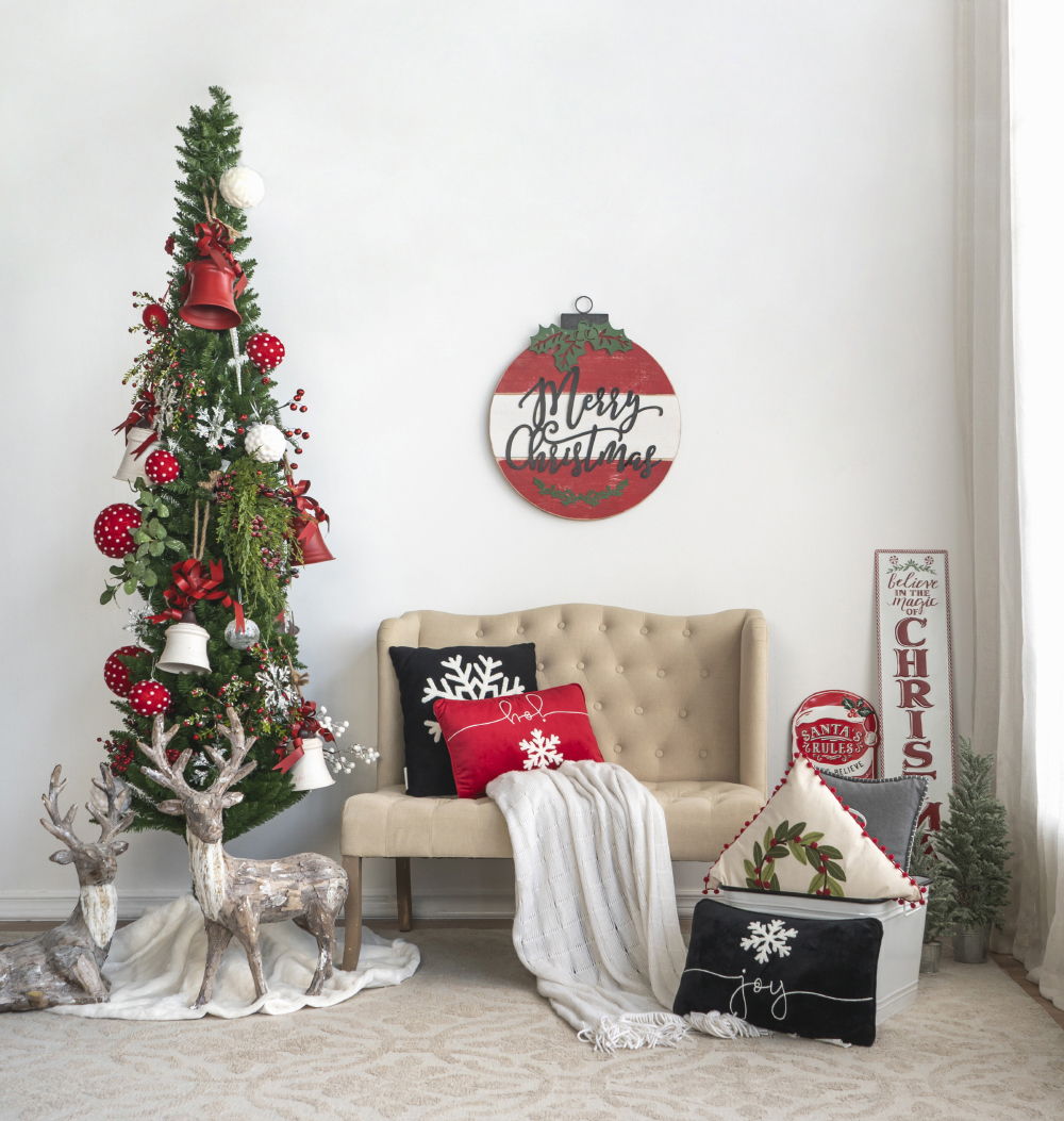 Velvet Pillow With Embroidered Joy And Frosty Snowflake, For Christmas Halloween Holiday Decor (Set of 2) - Black White