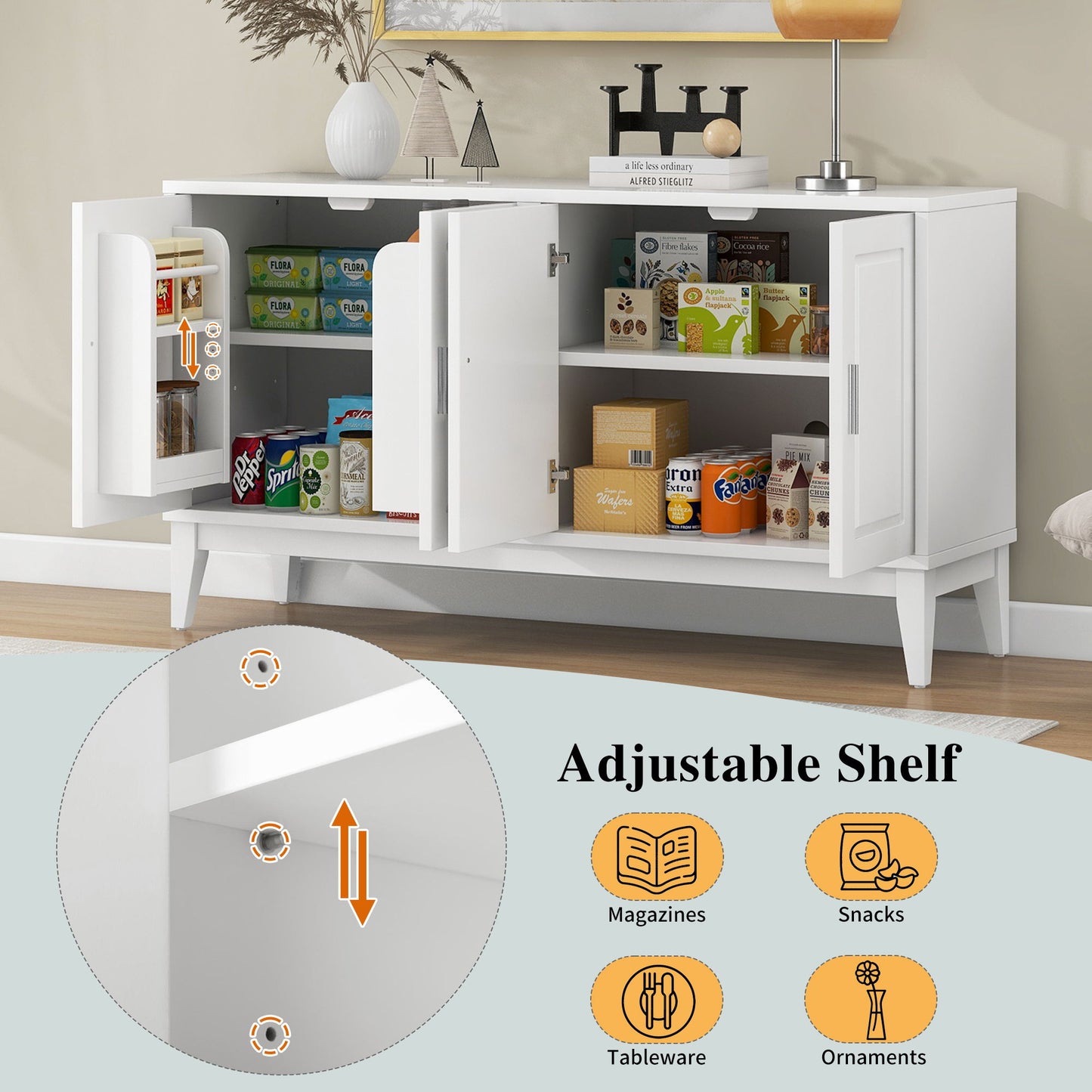 4 Door Sideboard Storage Cabinet With Door Shelf For Living Room And Dining Room, 2 Large Cabinets With Adjustable Shelf - White