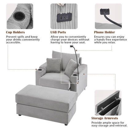 Modern Style Single Sofa Sofa Couch With Storage Space, A Movable Ottoman, Two USB Ports, Two Cup Holders, A Phone Holder For Living Room - Gray