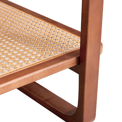 Modern Simple Rectangle Double Layer Solid Wood Glass Desktop Tea Table Rattan Woven Chinese Side Table Small Rectangle Table - Natural Wood