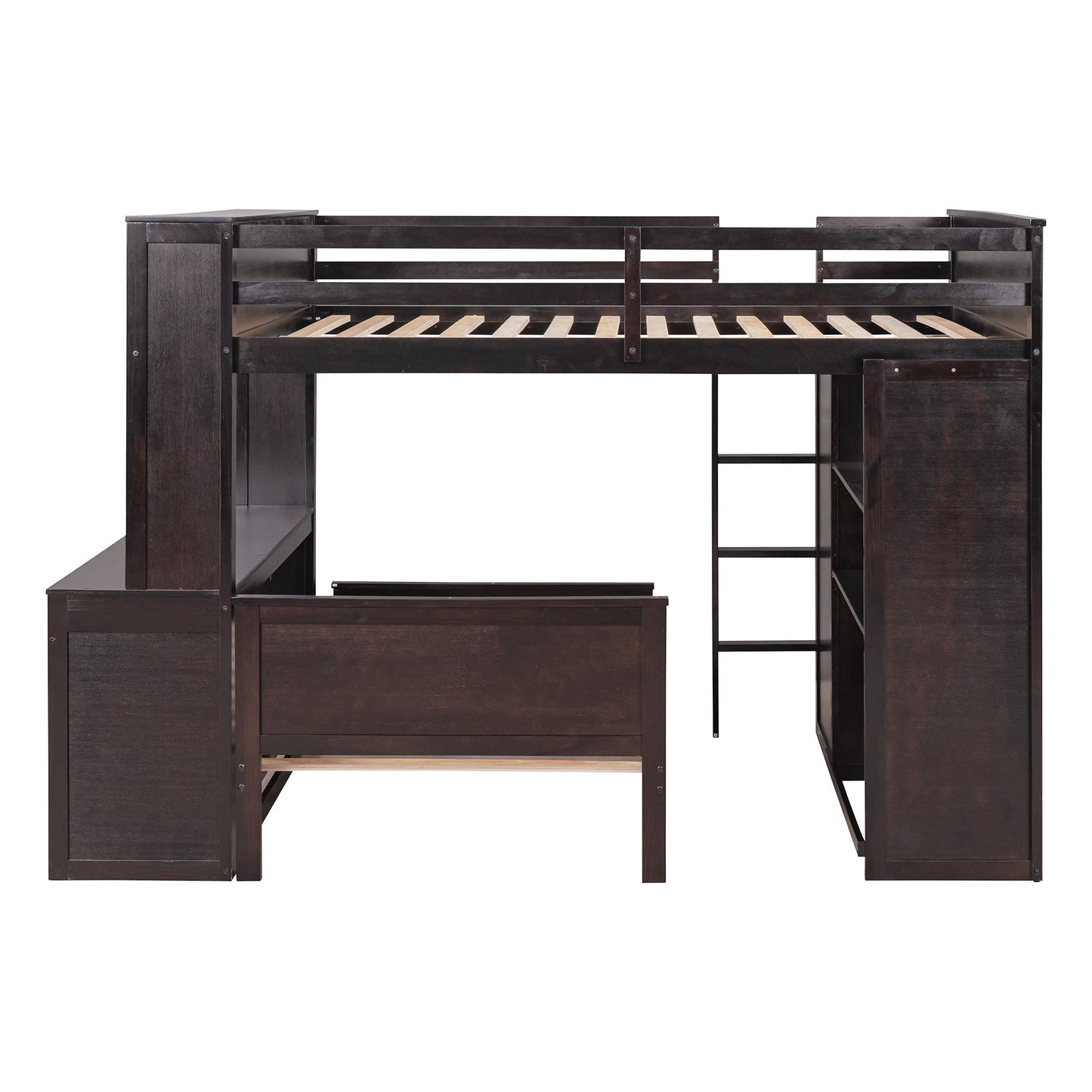 Full Size Loft Bed With A Twin Size Standalone Bed, Shelves, Desk, And Wardrobe - Espresso