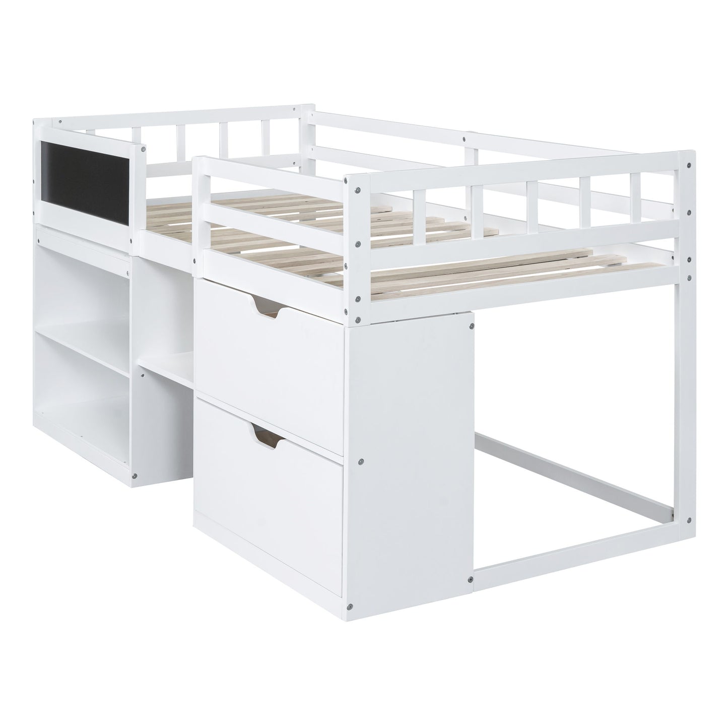 Twin Size Low Loft Bed With Rolling Desk, Shelf And Drawers - White