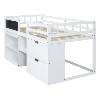 Twin Size Low Loft Bed With Rolling Desk, Shelf And Drawers - White
