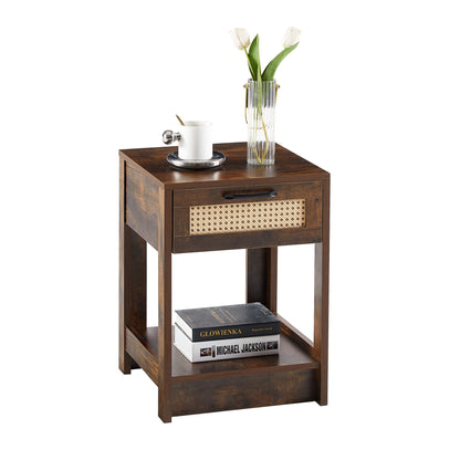 15.75" Rattan End Table With Drawer, Modern Nightstand, Side Table For Living Room, Bedroom - Rustic Brown