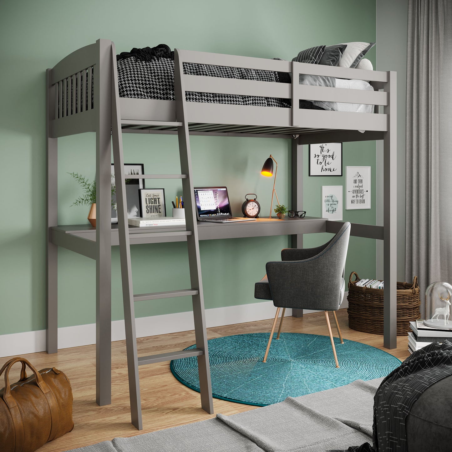 Everest - Full Size For Kids And Toddlers High Loft Bed With Desk And Storage - Gray