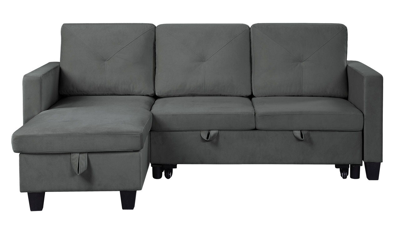 Nova - Velvet Reversible Sleeper Sectional Sofa With Storage Chaise - Dark Gray