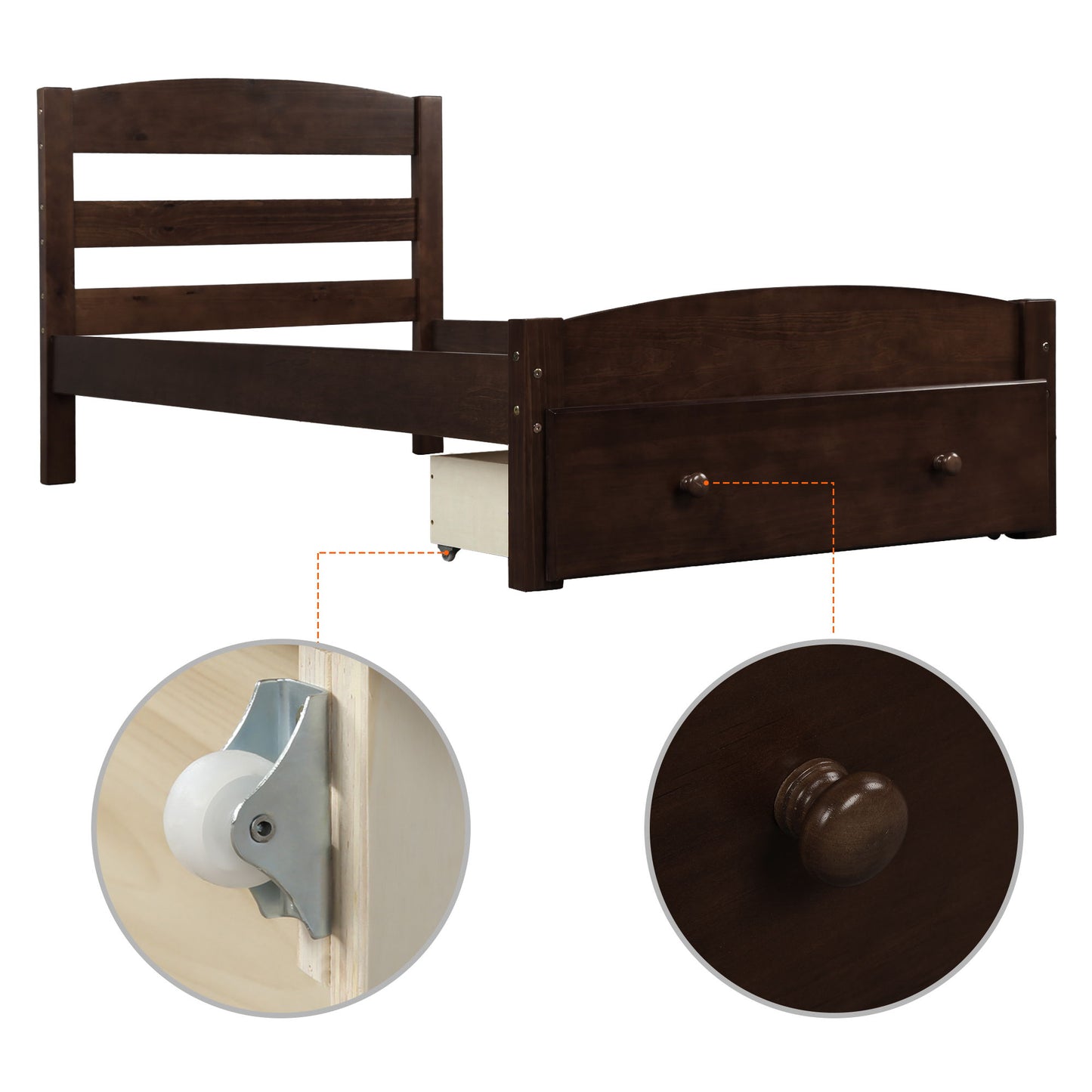Twin Platform Bed Frame With Storage Drawer And Slat Support No Box Spring Needed - Espresso