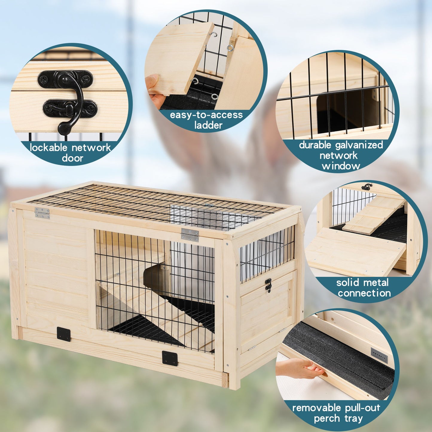 Wooden Rabbit Hutch Indoor Bunny House For Small Animals With Plastic Tray - Natural