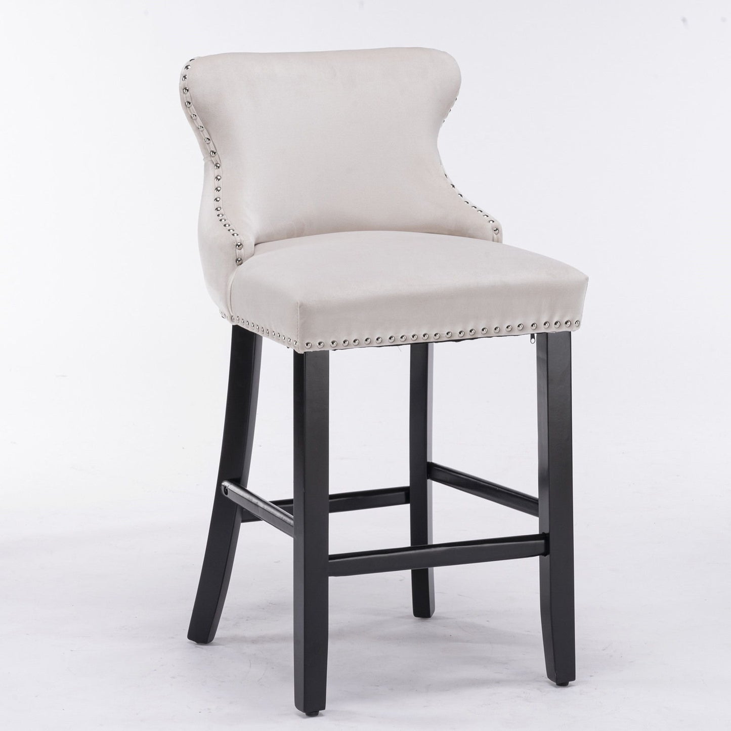 Contemporary Velvet Upholstered Wing-Back Barstools With Button Tufted Decoration And Wooden Legs, And Chrome Nailhead Trim, Leisure Style Bar Chairs, Bar Stools (Set of 4) - Beige
