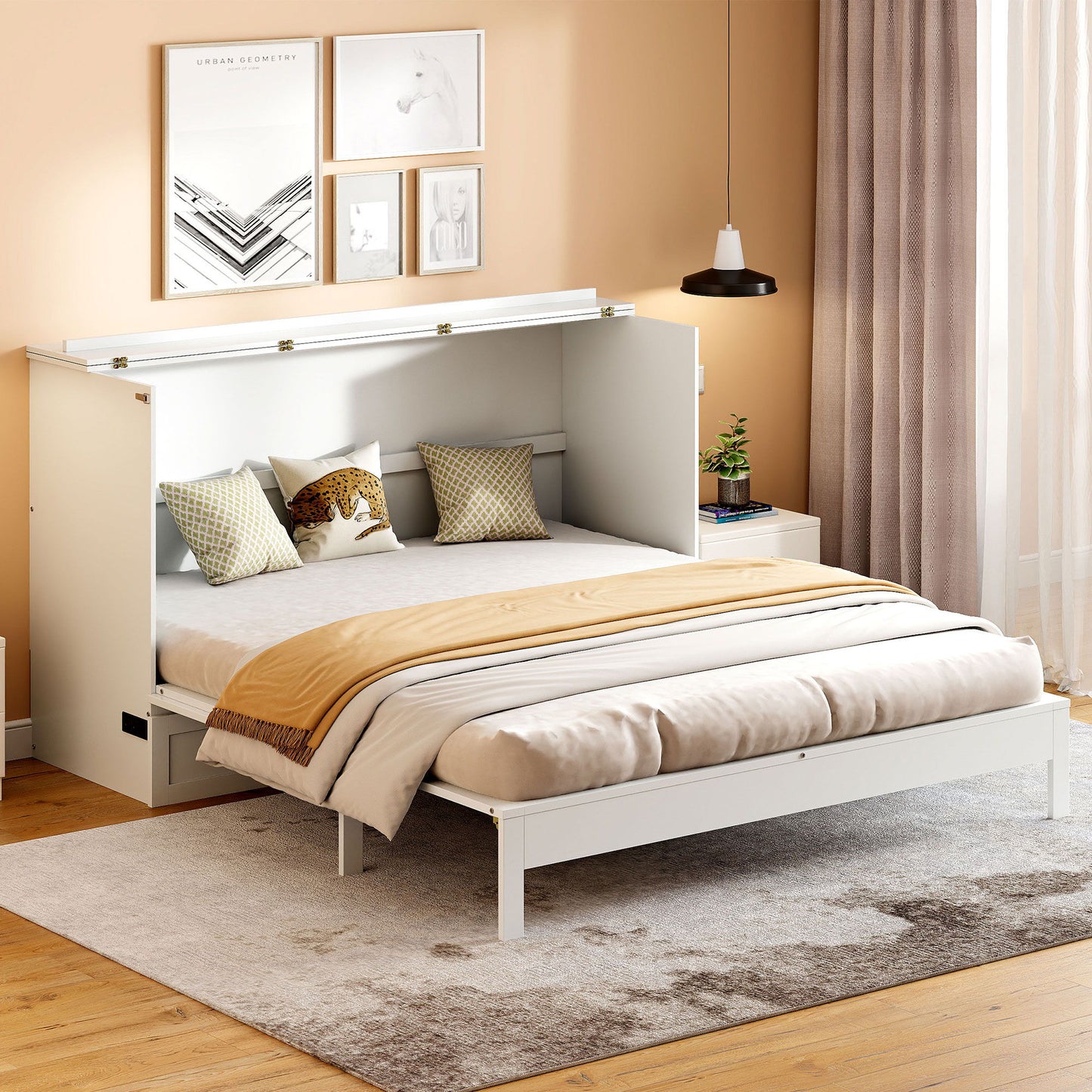 Queen Size Murphy Bed With Large Drawers - White