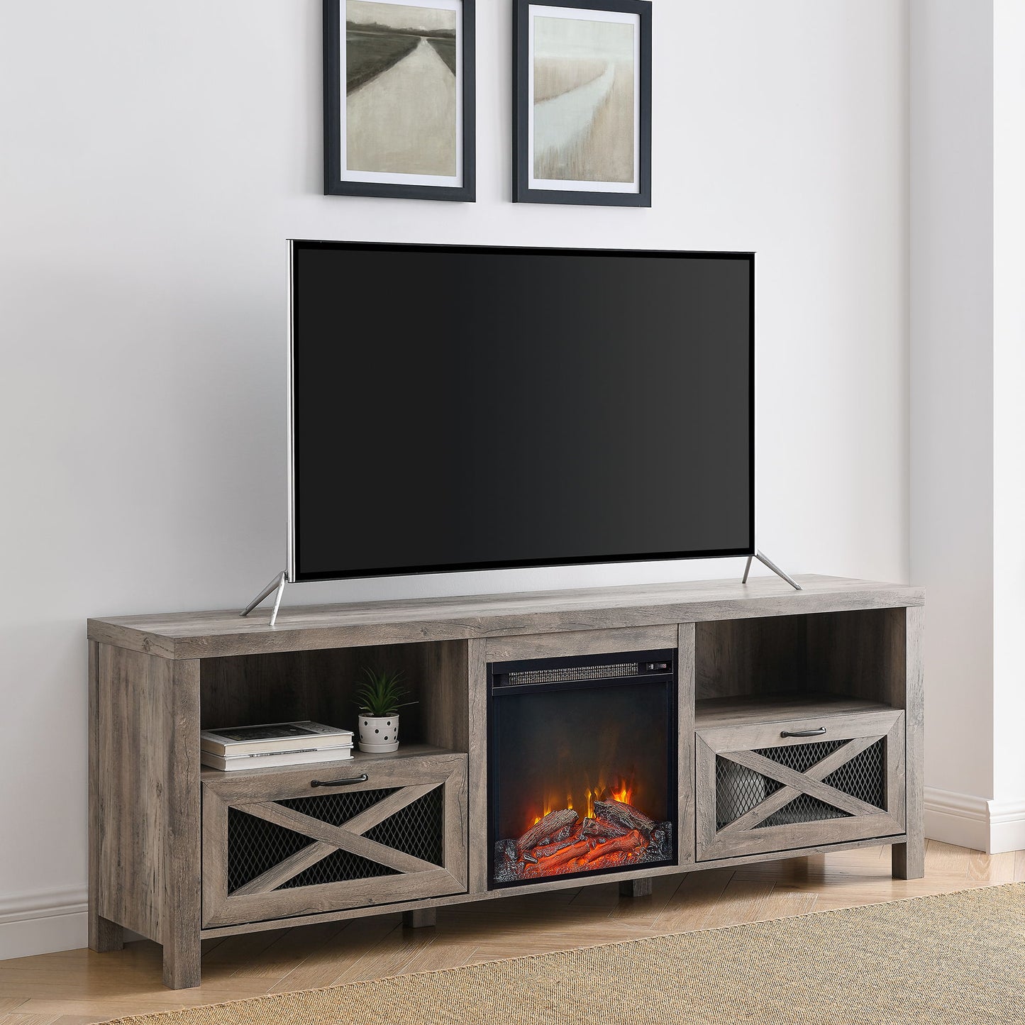 Industrial Farmhouse Metal Mesh Drop Down X Door 70" Fireplace TV Stand For 80" TVs - Gray Wash