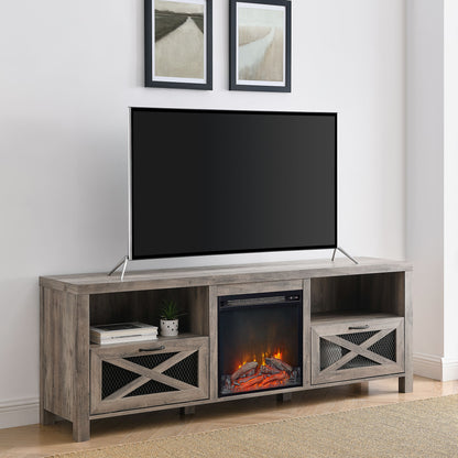 Industrial Farmhouse Metal Mesh Drop Down X Door 70" Fireplace TV Stand For 80" TVs - Gray Wash