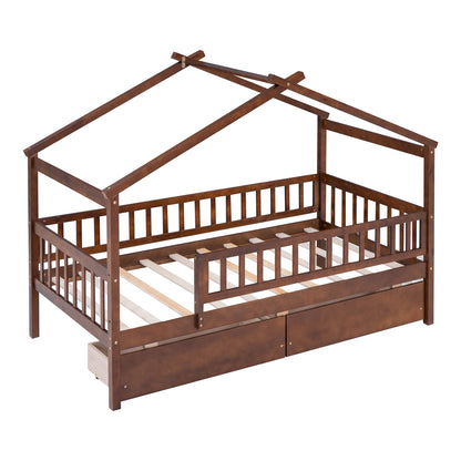 Twin Size House Bed With 2 Drawers - Walnut