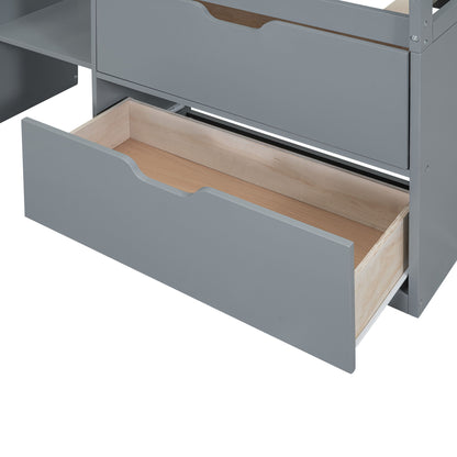 Twin Size Low Loft Bed With Rolling Desk, Shelf And Drawers - Gray