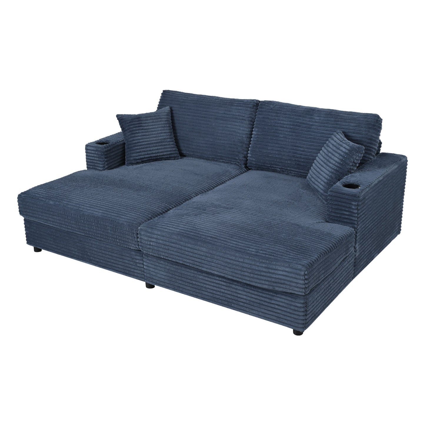 Oversized Loveseat Chaise Lounge Sectional Sofa Bed Corduroy Sleeper Sofa With 2 USB Ports, 2 Cup Holders And 2 Throw Pillows For Living Room And Bedroom - Blue