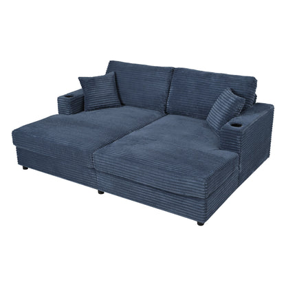 Oversized Loveseat Chaise Lounge Sectional Sofa Bed Corduroy Sleeper Sofa With 2 USB Ports, 2 Cup Holders And 2 Throw Pillows For Living Room And Bedroom - Blue