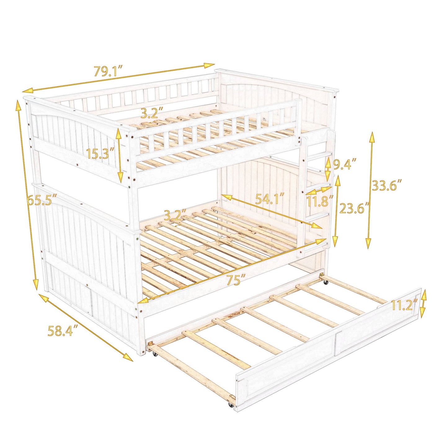 Full Over Full Bunk Bed With Twin Size Trundle, Guardrails - Brushed Gray