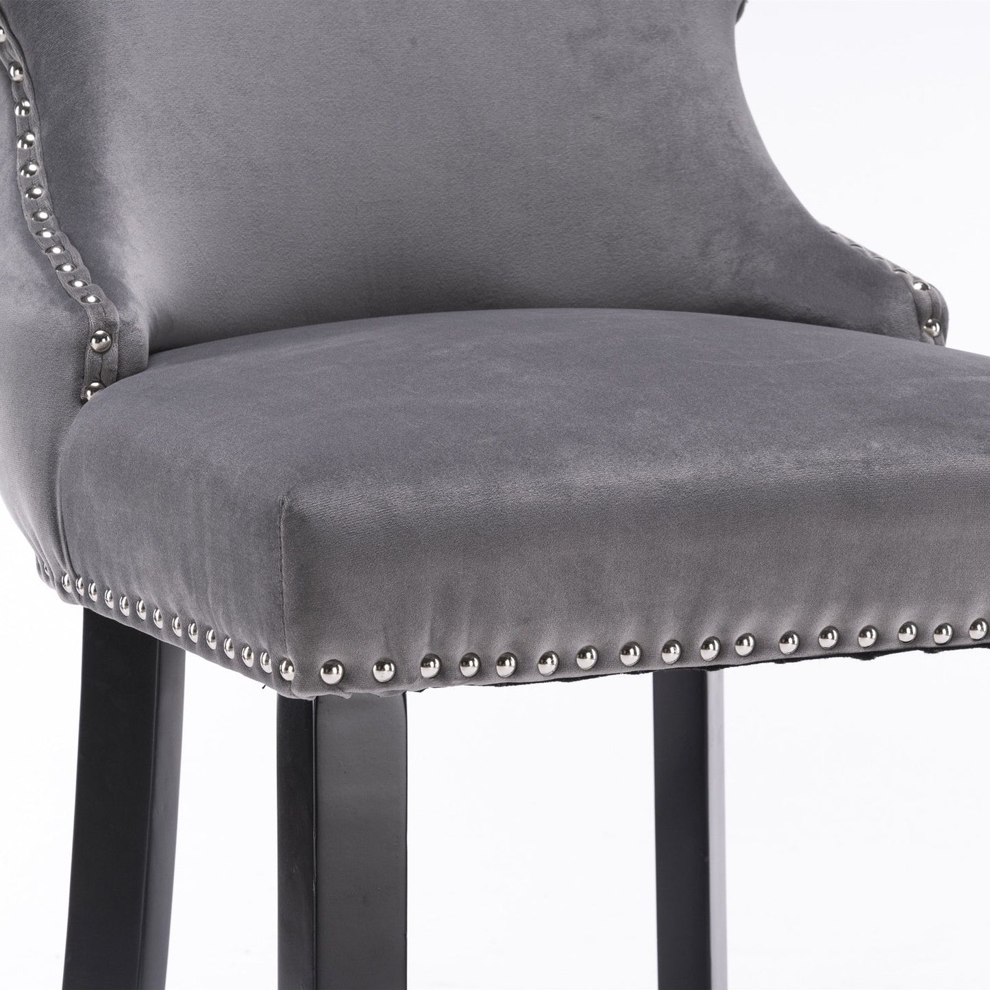 Contemporary Velvet Upholstered Wing-Back Barstools With Button Tufted Decoration And Wooden Legs, And Chrome Nailhead Trim, Leisure Style Bar Chairs, Bar Stools (Set of 4) - Gray