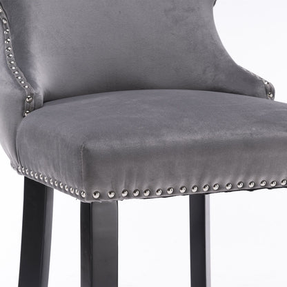 Contemporary Velvet Upholstered Wing-Back Barstools With Button Tufted Decoration And Wooden Legs, And Chrome Nailhead Trim, Leisure Style Bar Chairs, Bar Stools (Set of 4) - Gray
