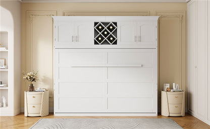 Queen Size Murphy Wall Bed With Top Cabinets & Wine Rack - White
