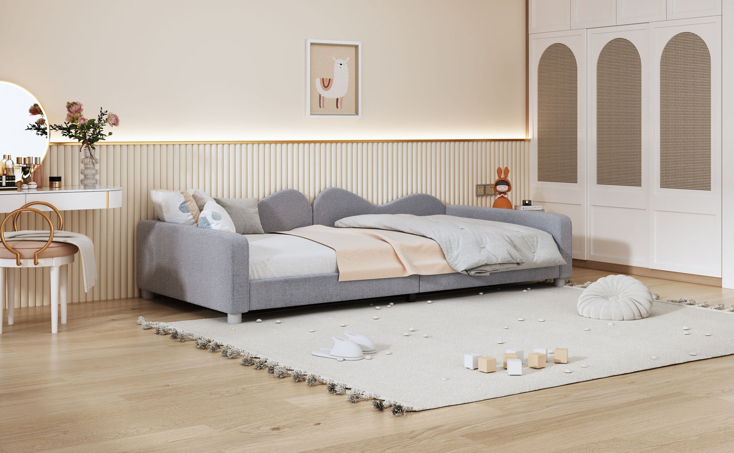 Twin Size Upholstered Daybed, Sherpa Fabric Sofabed With Cloud-Shaped Backrest, No Box - Spring Needed - Gray