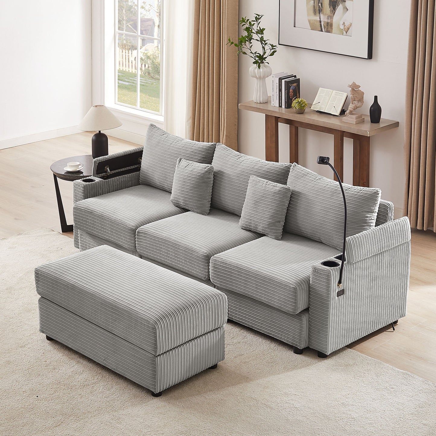 Modern Style 3 - Seater Sofa Sectional Sofa Couch With Storage Space, A Movable Ottoman, Two USB Ports, Two Cup Holders, A Phone Holder For Living Room - Gray