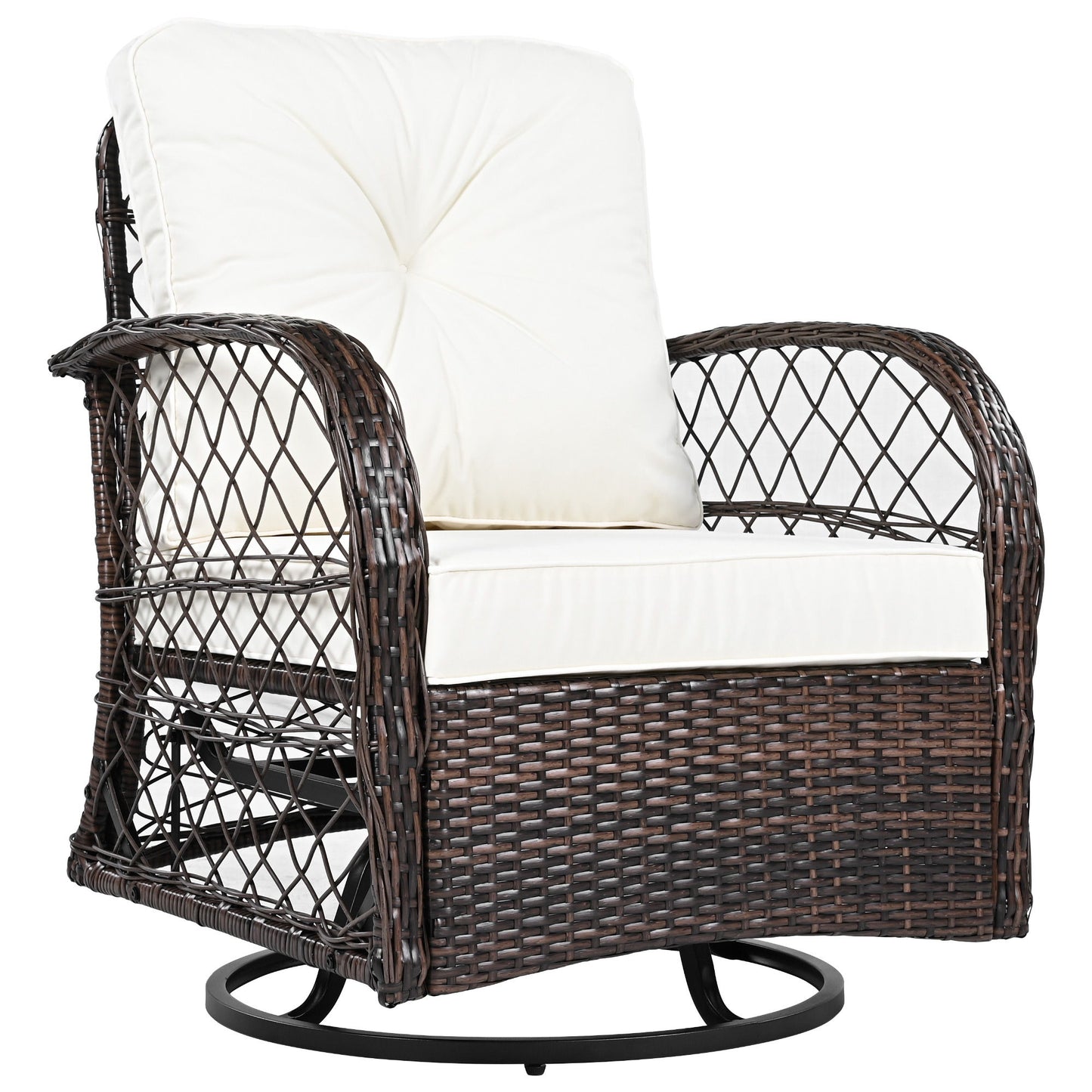 3 Piece Outdoor Chair & Table Set Chat Set 2 Person Rattan Seating Group With 2 Swiveling And Rocking Chairs And A Square Table For Garden, Patio, Or Balcony - Brown