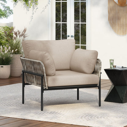 Modern Iron Lounge Chair With Rope Weave And Plush Cushions For Indoor / Outdoor Relaxation - Beige / Gray