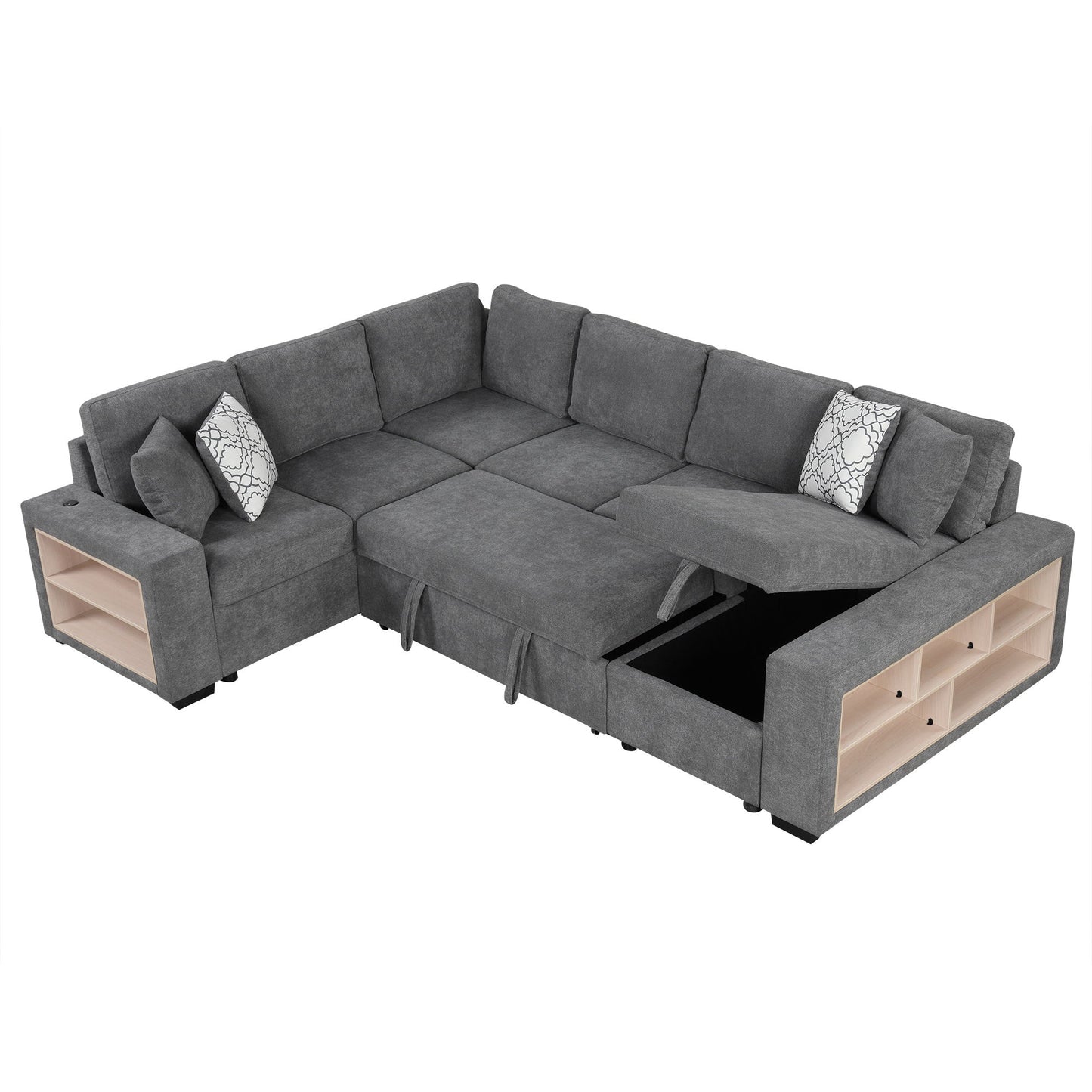 U-Shaped Sectional Sofa Pull-Out Sofa Bed With Two USB Ports, A Storage Chaise Lounge And Four Back Pillows For Living Room - Gray