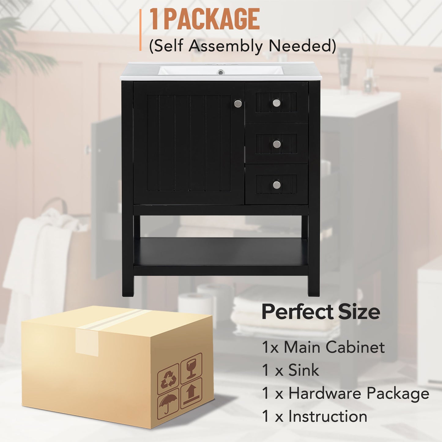 Transitional Style Bathroom Vanity Cabinet Combo With Ceramic Sink, Soft Close Door - Black
