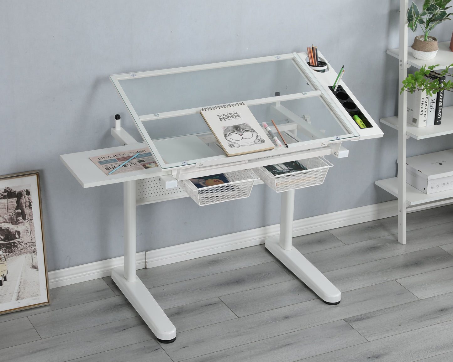 38.18" Hand Crank Adjustable Drafting Table Drawing Desk With 2 Metal Drawers With Stool - White