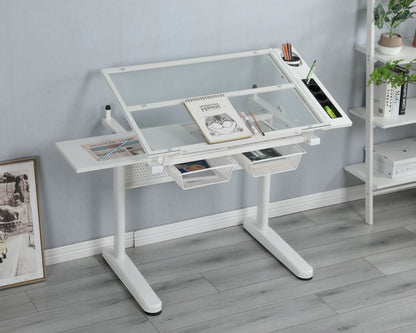 38.18" Hand Crank Adjustable Drafting Table Drawing Desk With 2 Metal Drawers With Stool - White