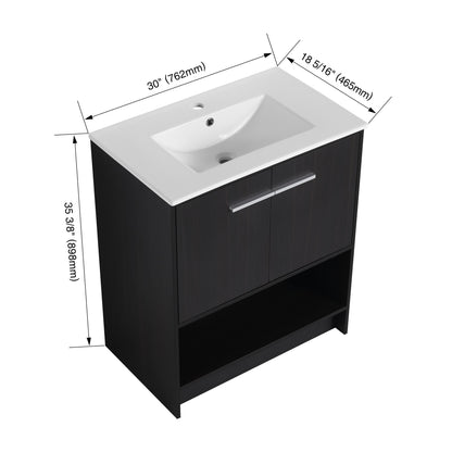 Modern Freestanding 30" Bathroom Vanity With Ceramic Sink, Soft Closing Doors Cabinet - Dark Oak