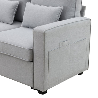 Upholstered Sofa With Console, 2 Cupholders And 2 USB Ports Wired Or Wirelessly Charged, Modern Linen Fabric Couches With 4 Pillows (4 Seat) - Light Gray
