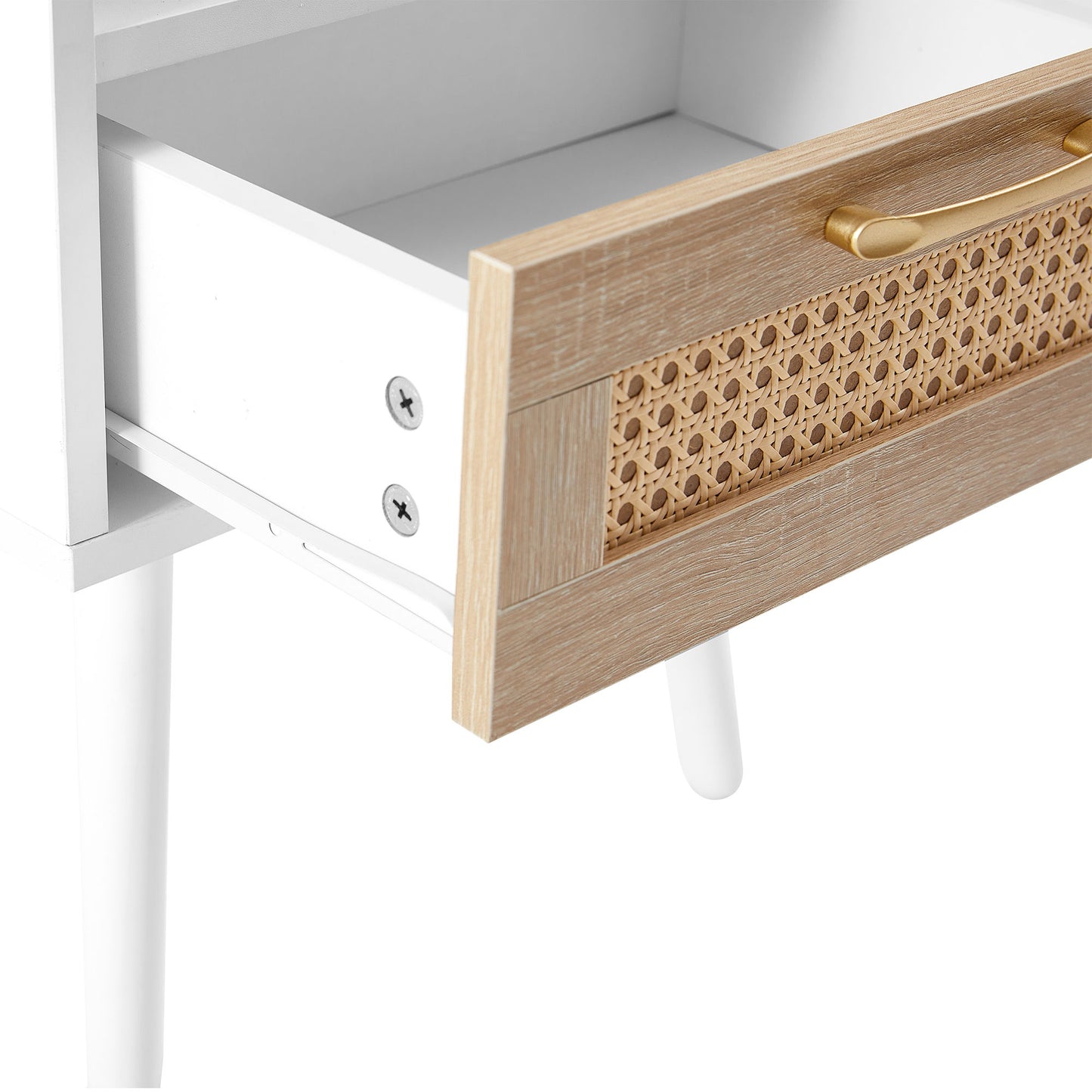15.75" Rattan End Table With Drawer And Solid Wood Legs, Modern Nightstand, Side Table For Living Room, Bedroom - White