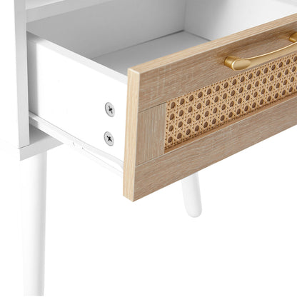 15.75" Rattan End Table With Drawer And Solid Wood Legs, Modern Nightstand, Side Table For Living Room, Bedroom - White